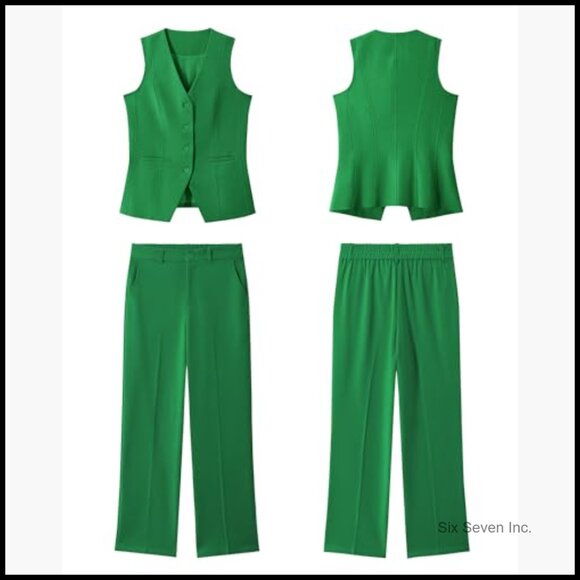 Sleeveless Blazer Vest Straight Leg Pants Suit Set Business Casual - Picture 5 of 7